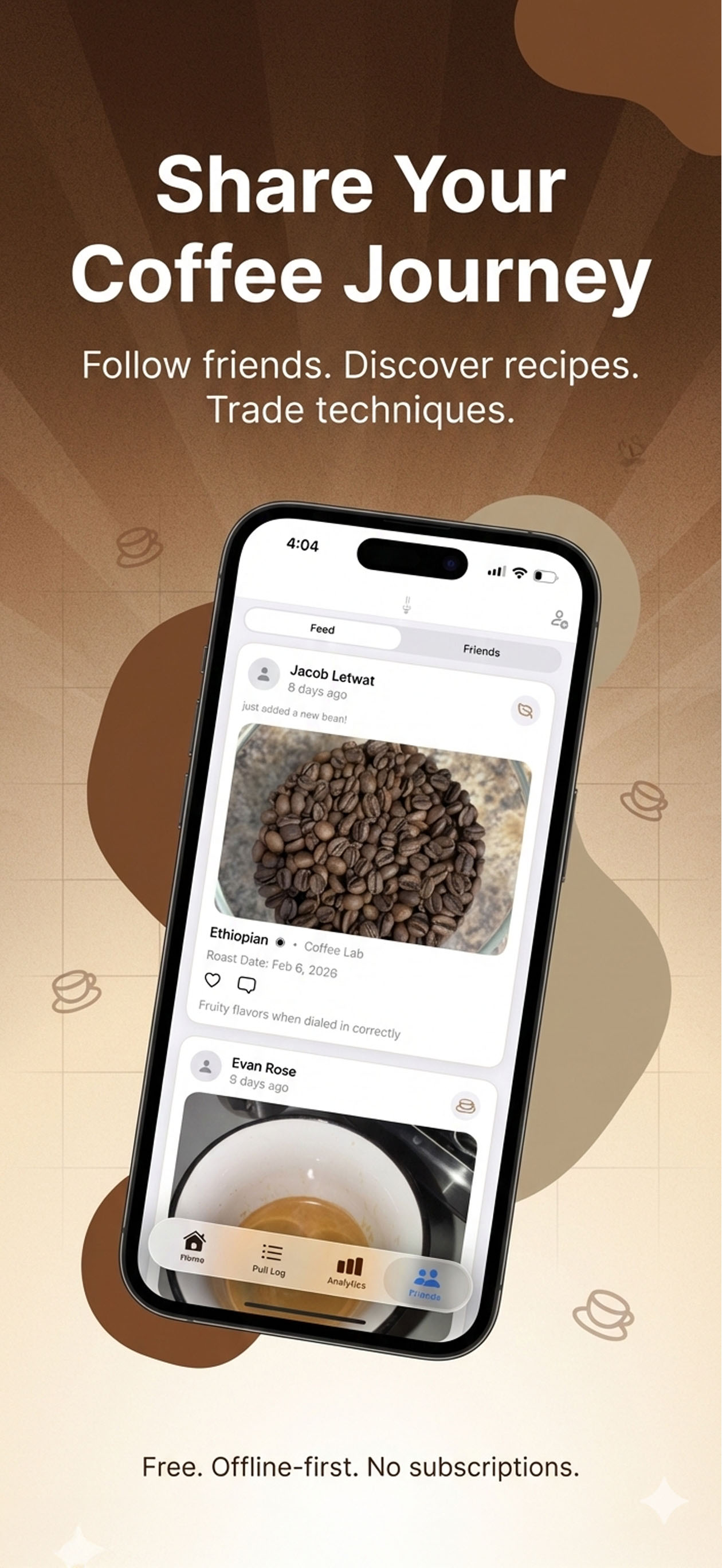 Social feed showing shared espresso shots and beans